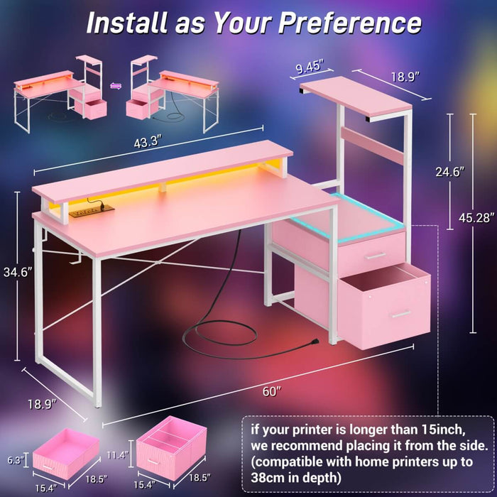 60 Inch Reversible Gaming Desk with LED Lights, Outlets & Drawers