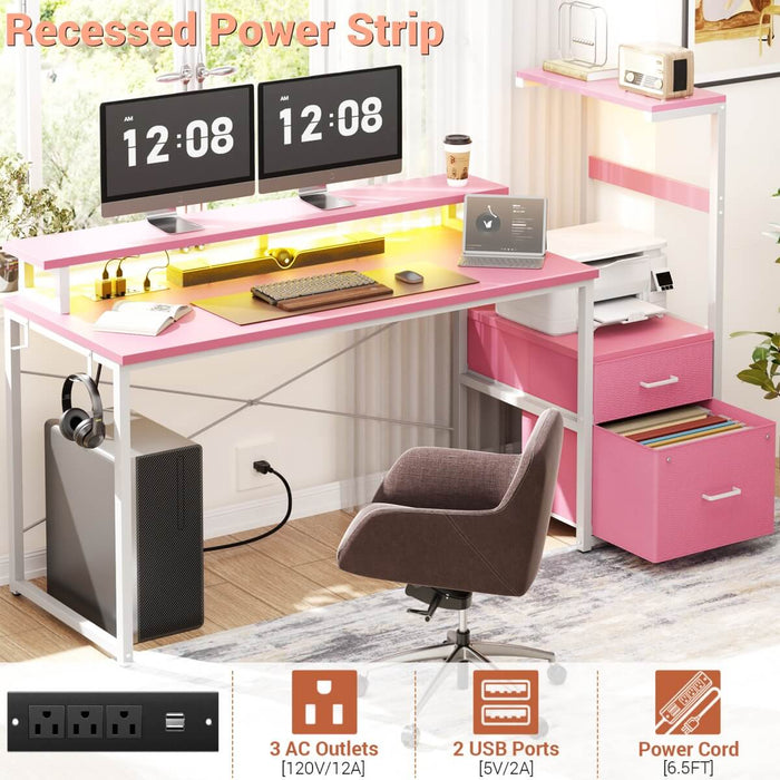 60 Inch Reversible Gaming Desk with LED Lights, Outlets & Drawers