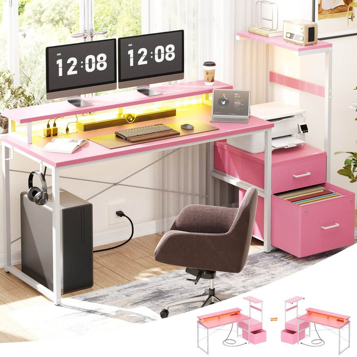 60 Inch Reversible Gaming Desk with LED Lights, Outlets & Drawers