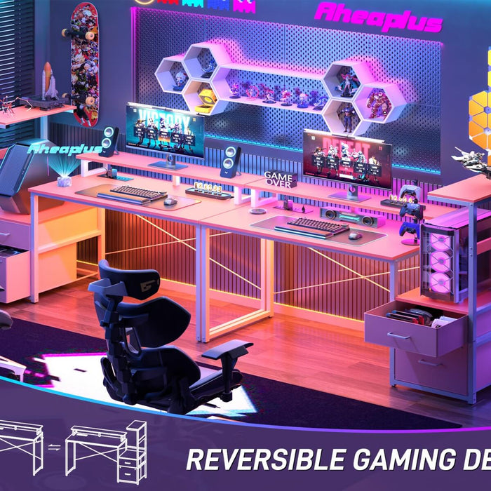 60 Inch Reversible Gaming Desk with LED Lights, Outlets & Drawers