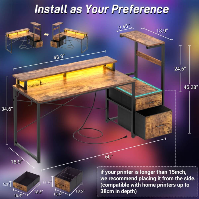 60 Inch Reversible Gaming Desk with LED Lights, Outlets & Drawers