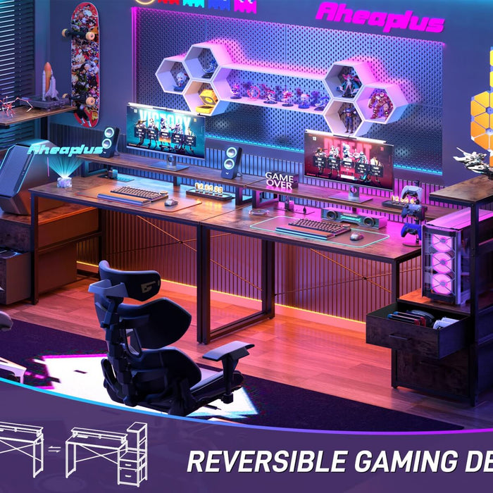 60 Inch Reversible Gaming Desk with LED Lights, Outlets & Drawers
