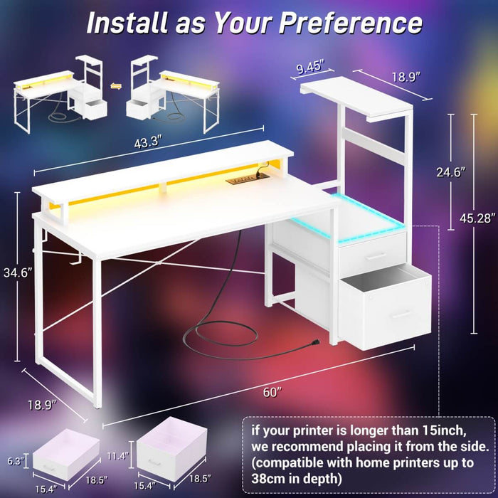 60 Inch Reversible Gaming Desk with LED Lights, Outlets & Drawers