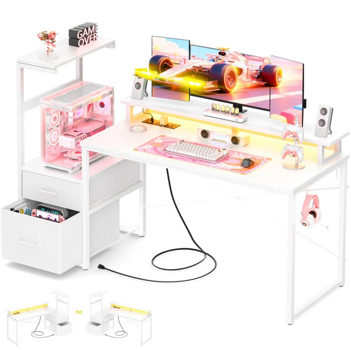 60 Inch Reversible Gaming Desk with LED Lights, Outlets & Drawers