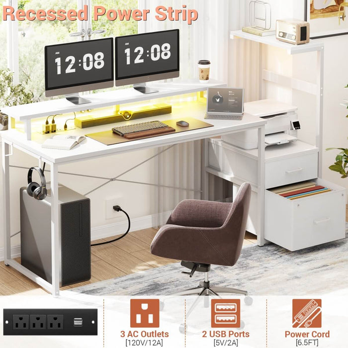 60 Inch Reversible Gaming Desk with LED Lights, Outlets & Drawers