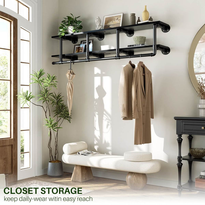59 inches Wall Mounted Pipe Clothes Rack with Top Shelf