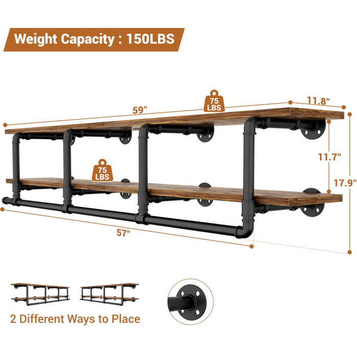 59 inches Wall Mounted Pipe Clothes Rack with Top Shelf