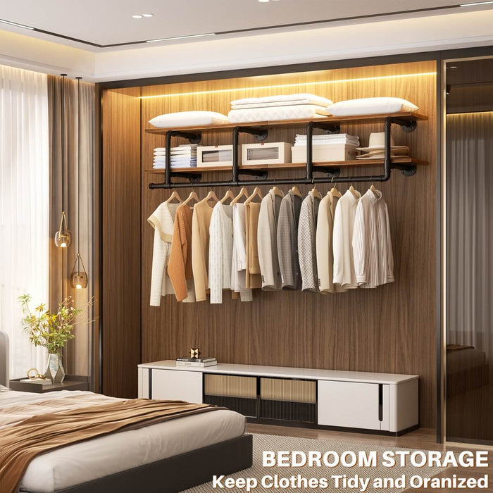 59 inches Wall Mounted Pipe Clothes Rack with Top Shelf