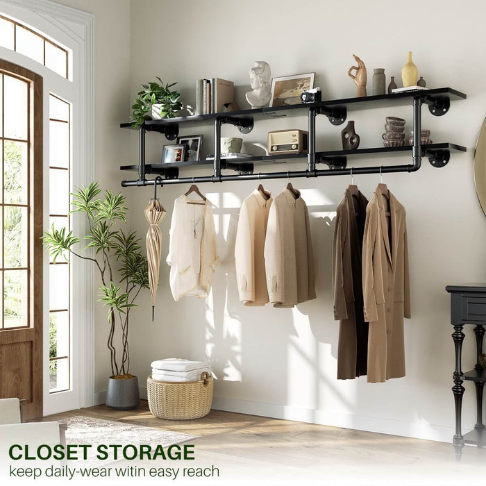 73 inches Wall Mounted Pipe Clothes Rack with Top Shelf