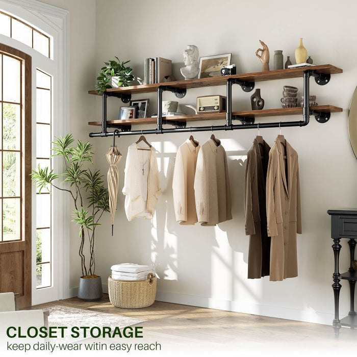73 inches Wall Mounted Pipe Clothes Rack with Top Shelf