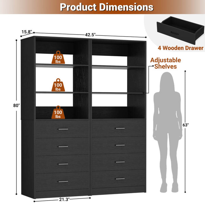 21.3'' Width Wooden Closet Drawer System with 4 Drawers and Open Shelves, 2 Sets