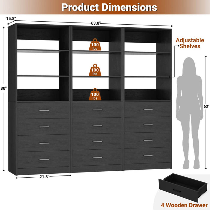 5.3FT Wood Closet Drawers Organizer System with 4 Drawers & Storage Shelves, 3 Packs