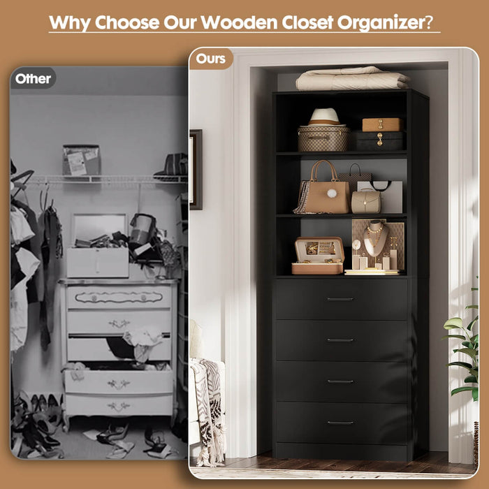 21.3'' Width Wooden Closet Drawer System with 4 Drawers and Open Shelves, Freestanding
