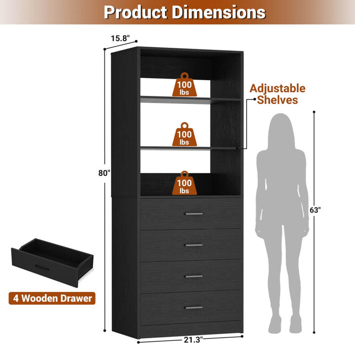21.3'' Width Wooden Closet Drawer System with 4 Drawers and Open Shelves, Freestanding