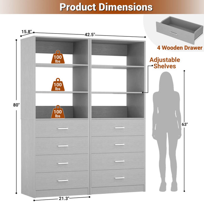 21.3'' Width Wooden Closet Drawer System with 4 Drawers and Open Shelves, 2 Sets