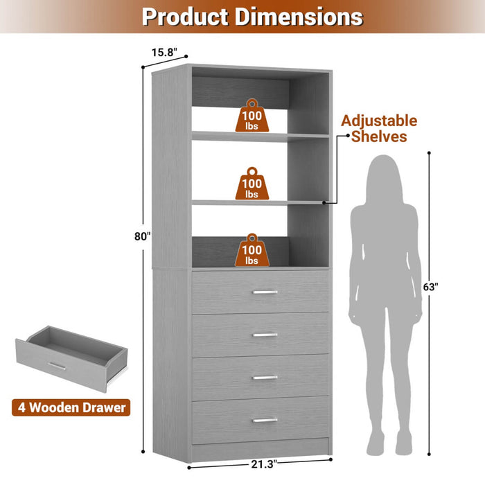 21.3'' Width Wooden Closet Drawer System with 4 Drawers and Open Shelves, Freestanding