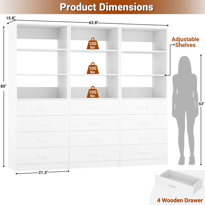 5.3FT Wood Closet Drawers Organizer System with 4 Drawers & Storage Shelves, 3 Packs