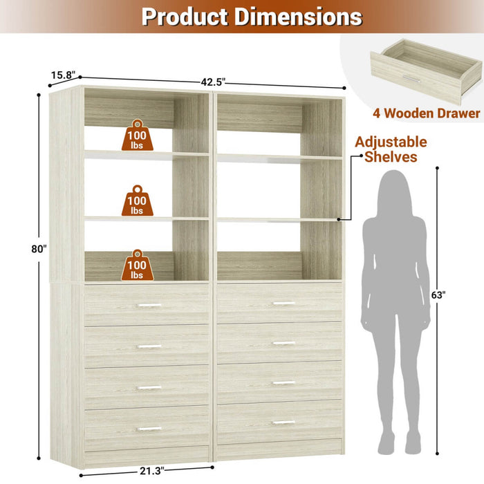 21.3'' Width Wooden Closet Drawer System with 4 Drawers and Open Shelves, 2 Sets