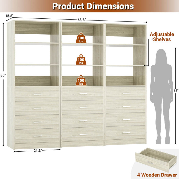 5.3FT Wood Closet Drawers Organizer System with 4 Drawers & Storage Shelves, 3 Packs