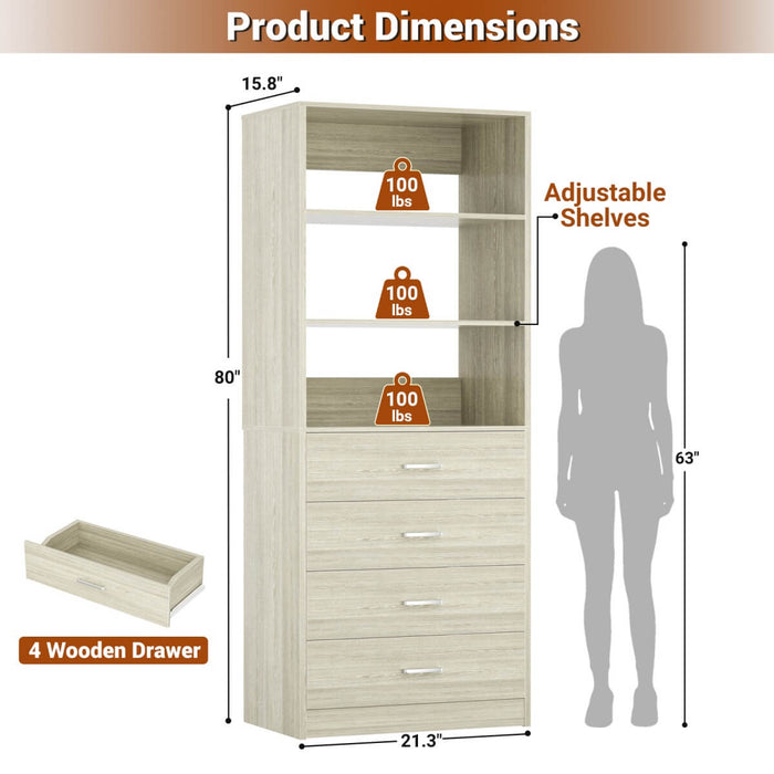 21.3'' Width Wooden Closet Drawer System with 4 Drawers and Open Shelves, Freestanding