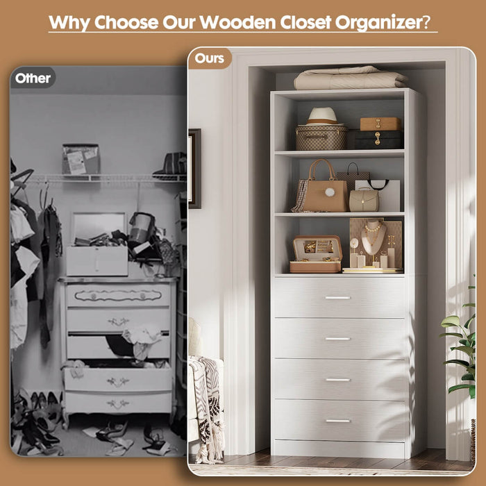 21.3'' Width Wooden Closet Drawer System with 4 Drawers and Open Shelves, Freestanding