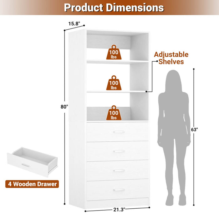 21.3'' Width Wooden Closet Drawer System with 4 Drawers and Open Shelves, Freestanding