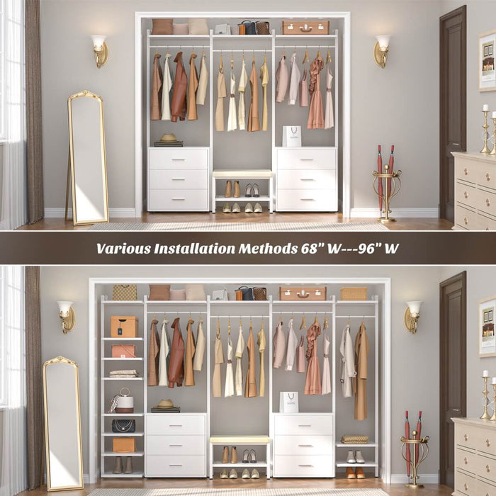 96'' Closet Organizer System with 6 Drawers, Walk-in Wardrobe Closet Clothing Rack