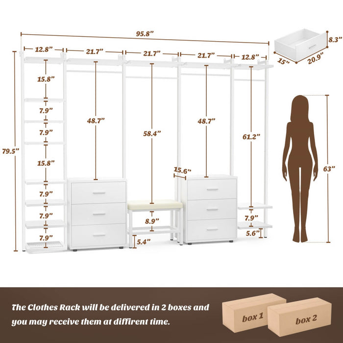 96'' Closet Organizer System with 6 Drawers, Walk-in Wardrobe Closet Clothing Rack
