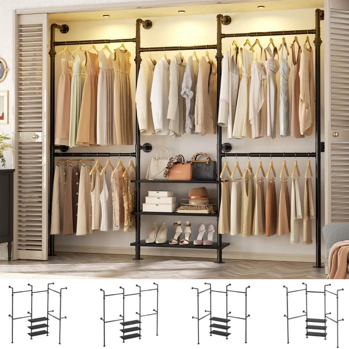 84"-128" Adjustable Metal Industrial Pipe Clothing Rack with 3-Tier Wooden Shelves, Wall Mounted