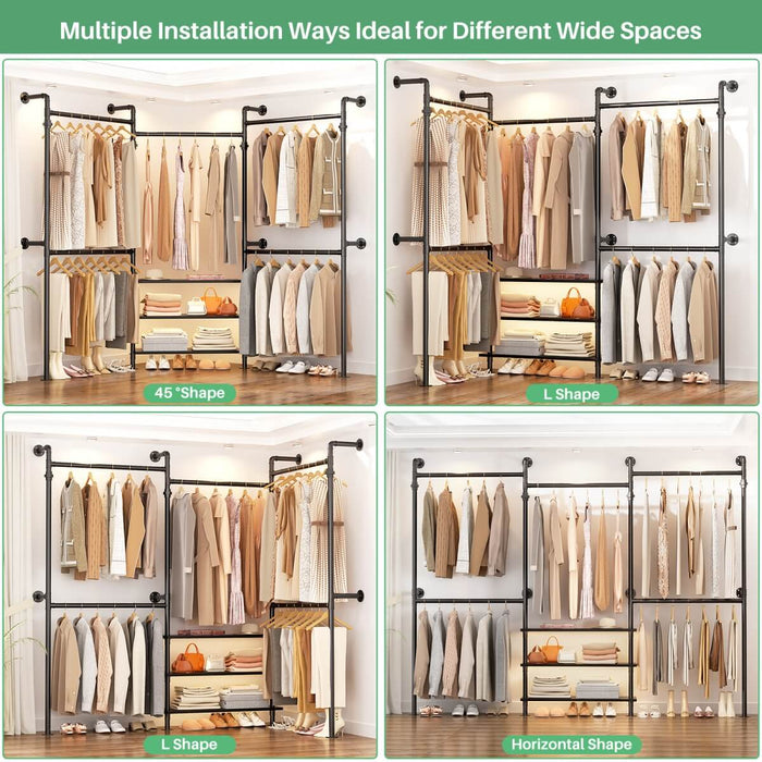 84"-128" Adjustable Metal Industrial Pipe Clothing Rack with 3-Tier Wooden Shelves, Wall Mounted