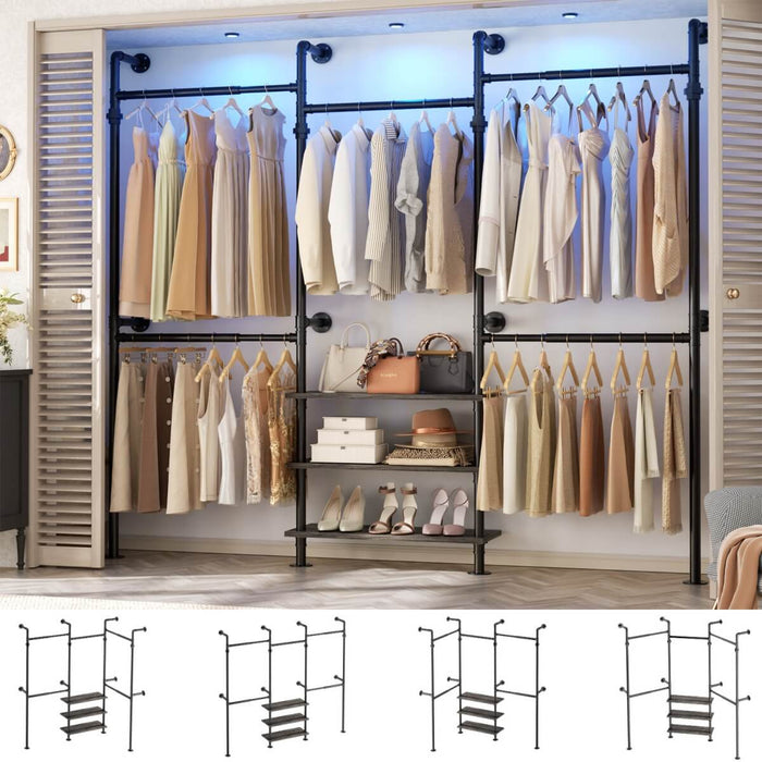 84"-128" Adjustable Metal Industrial Pipe Clothing Rack with 3-Tier Wooden Shelves, Wall Mounted