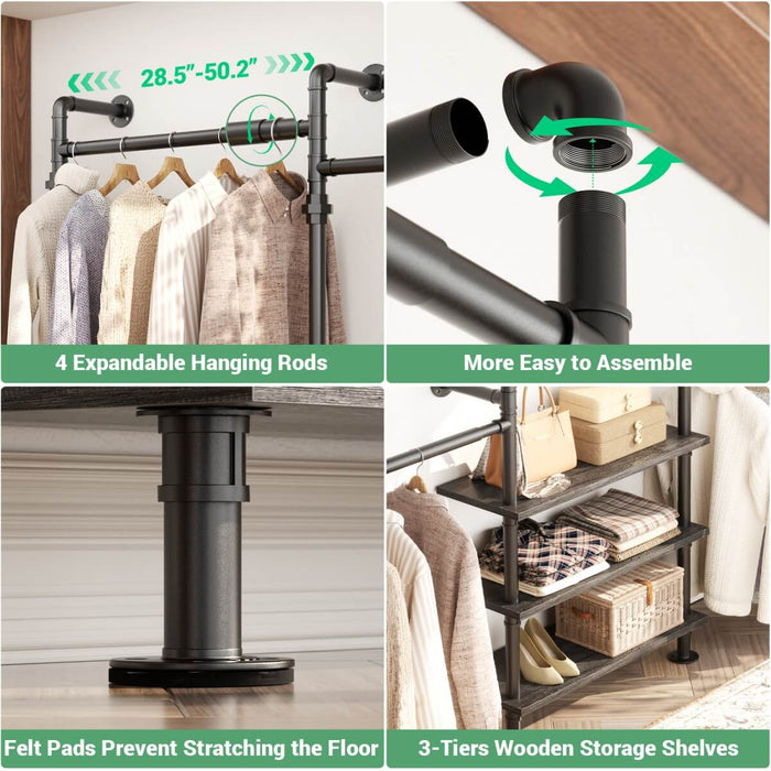 84"-128" Adjustable Metal Industrial Pipe Clothing Rack with 3-Tier Wooden Shelves, Wall Mounted