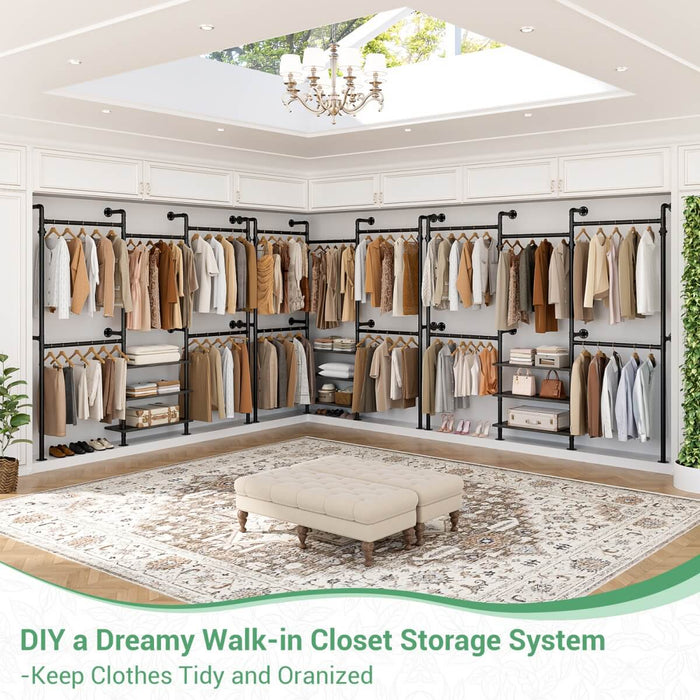 84"-128" Adjustable Metal Industrial Pipe Clothing Rack with 3-Tier Wooden Shelves, Wall Mounted