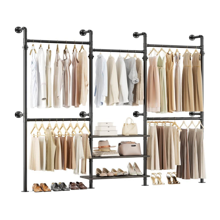 84"-128" Adjustable Metal Industrial Pipe Clothing Rack with 3-Tier Wooden Shelves, Wall Mounted