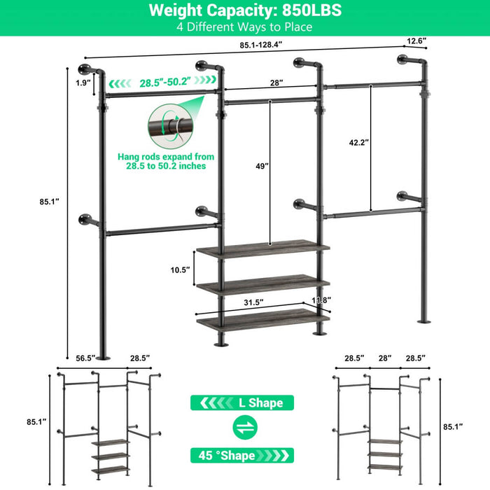 84"-128" Adjustable Metal Industrial Pipe Clothing Rack with 3-Tier Wooden Shelves, Wall Mounted