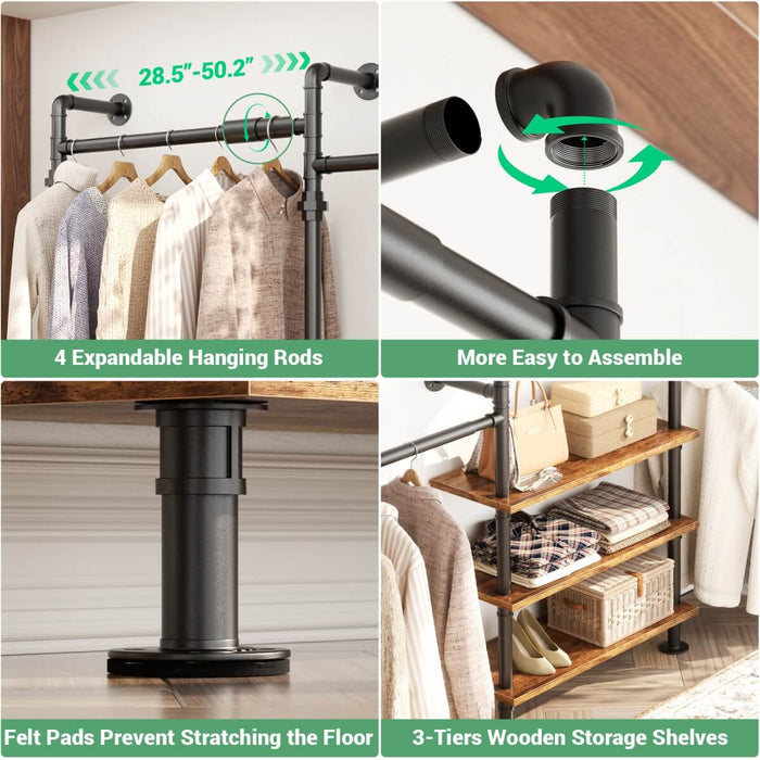 84"-128" Adjustable Metal Industrial Pipe Clothing Rack with 3-Tier Wooden Shelves, Wall Mounted