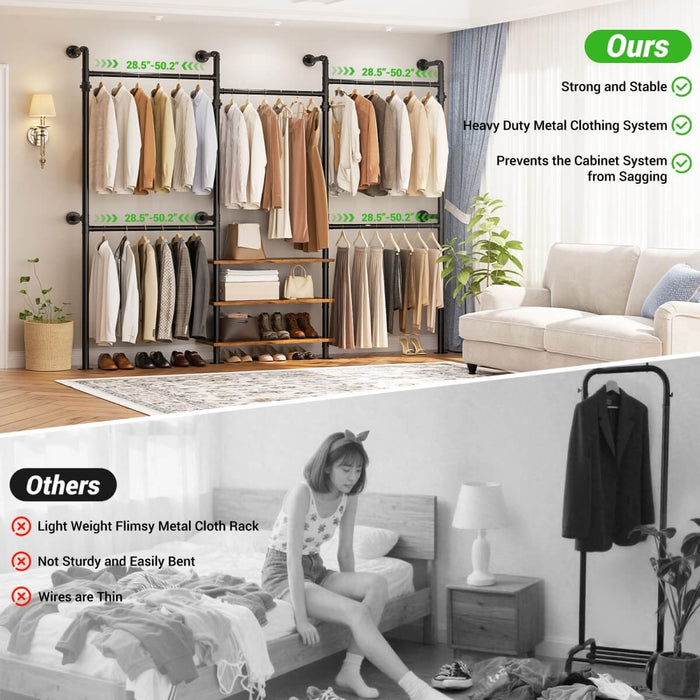 84"-128" Adjustable Metal Industrial Pipe Clothing Rack with 3-Tier Wooden Shelves, Wall Mounted