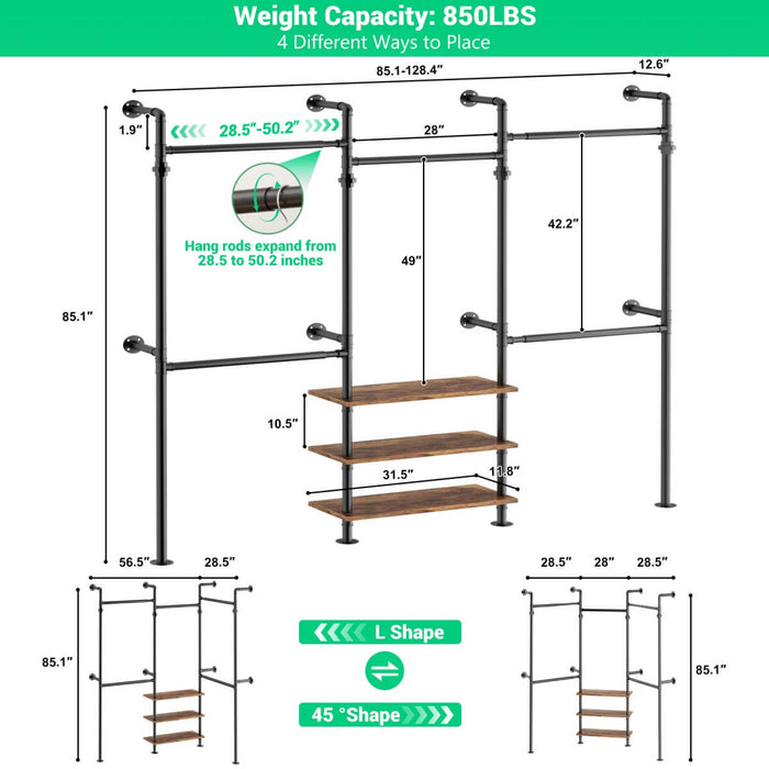 84"-128" Adjustable Metal Industrial Pipe Clothing Rack with 3-Tier Wooden Shelves, Wall Mounted