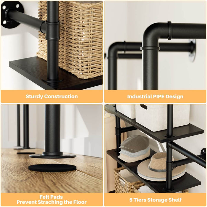 5-Tier Industrial Wall Mounted Pipe Closet System with 4 Hanging Rods
