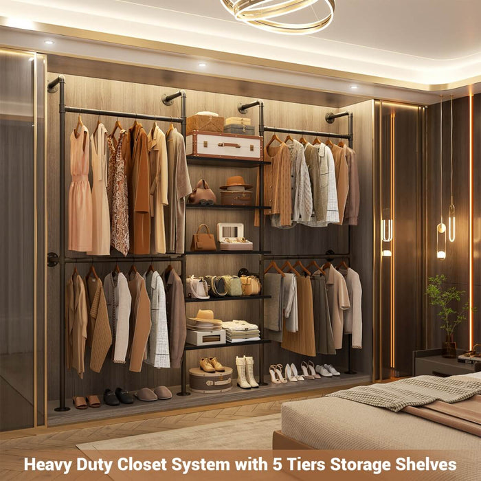 5-Tier Industrial Wall Mounted Pipe Closet System with 4 Hanging Rods