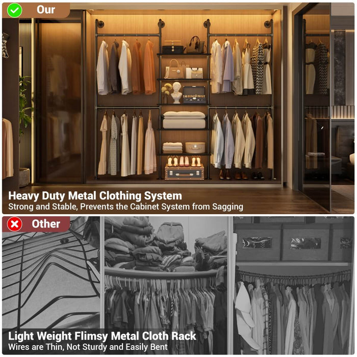 5-Tier Industrial Wall Mounted Pipe Closet System with 4 Hanging Rods