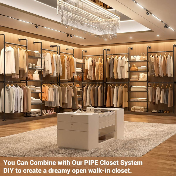 5-Tier Industrial Wall Mounted Pipe Closet System with 4 Hanging Rods