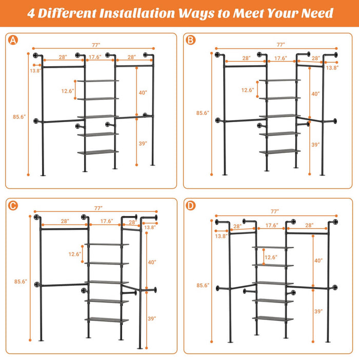 5-Tier Industrial Wall Mounted Pipe Closet System with 4 Hanging Rods
