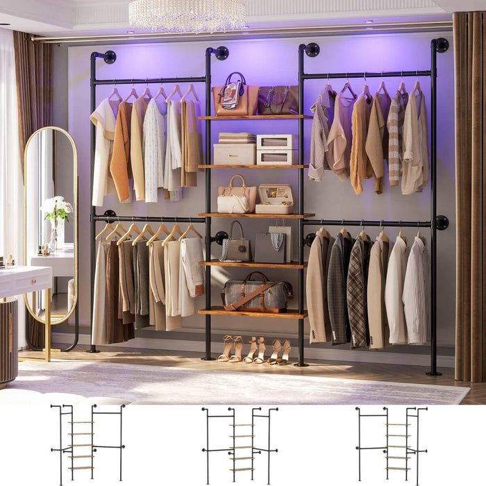 5-Tier Industrial Wall Mounted Pipe Closet System with 4 Hanging Rods