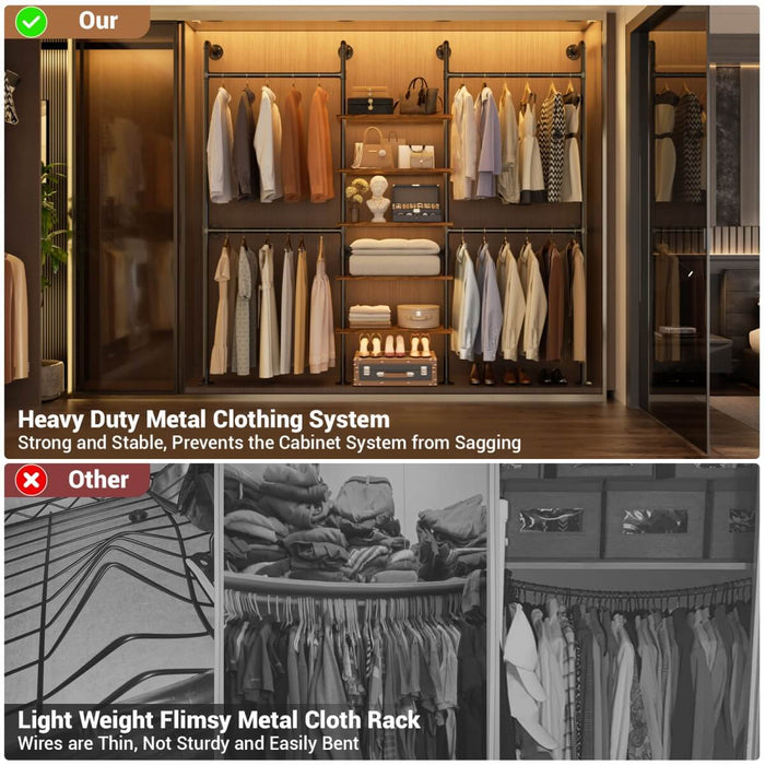 5-Tier Industrial Wall Mounted Pipe Closet System with 4 Hanging Rods