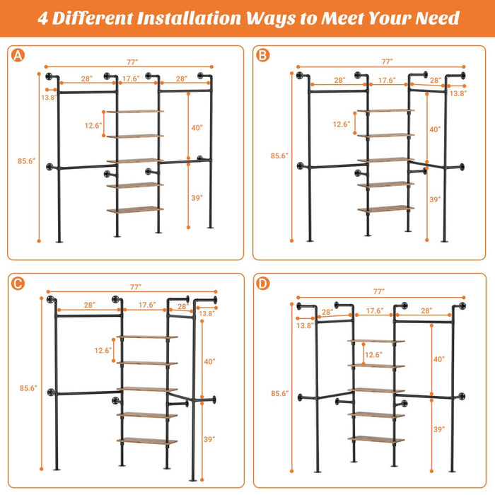 5-Tier Industrial Wall Mounted Pipe Closet System with 4 Hanging Rods