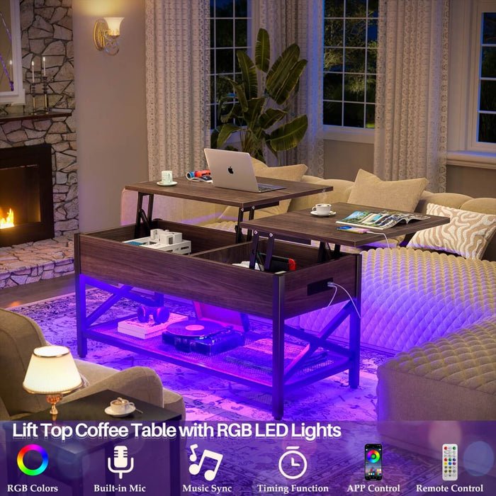 Lift-Top Coffee Table with Storage, Comes with LED Strip & Power Outlets