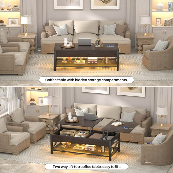 Lift-Top Coffee Table with Storage, Comes with LED Strip & Power Outlets