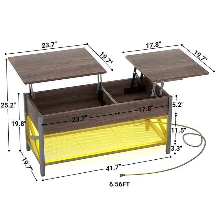 Lift-Top Coffee Table with Storage, Comes with LED Strip & Power Outlets
