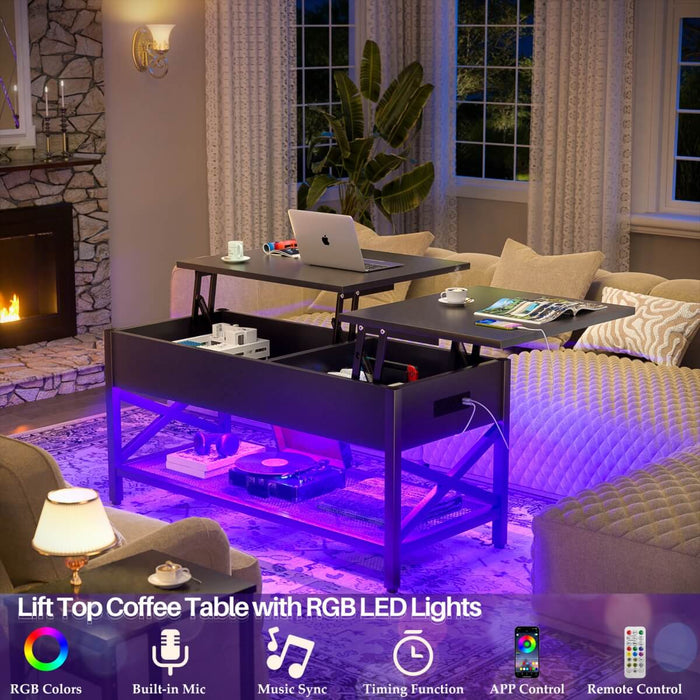 Lift-Top Coffee Table with Storage, Comes with LED Strip & Power Outlets